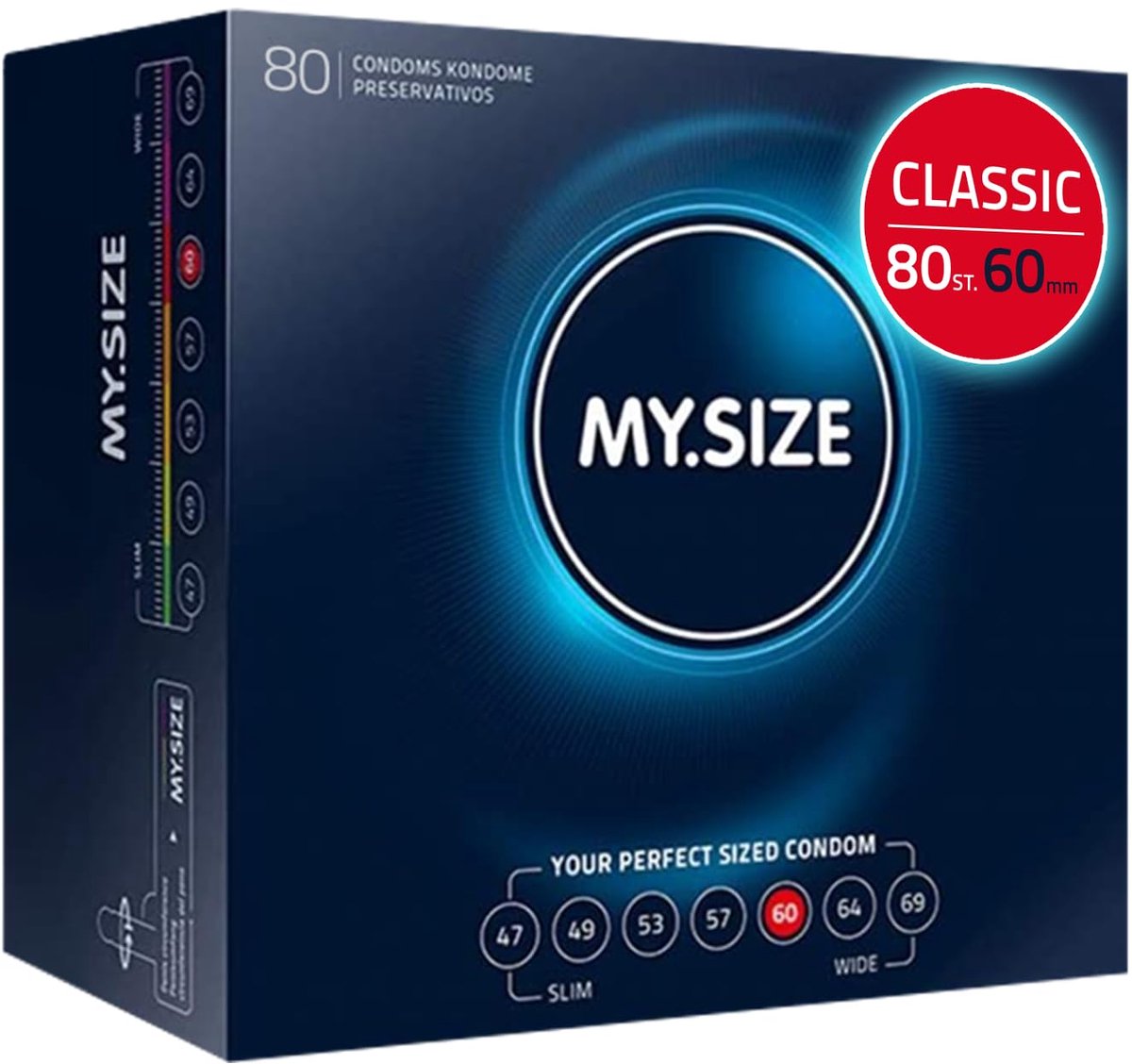 MY.SIZE Classic condooms maat 5 I 60 mm breed I 80 stuks mega pack I premium condooms extra dun I condooms true to touch gossamer I dunne 0,07 mm wanddikte I condooms veganistisch