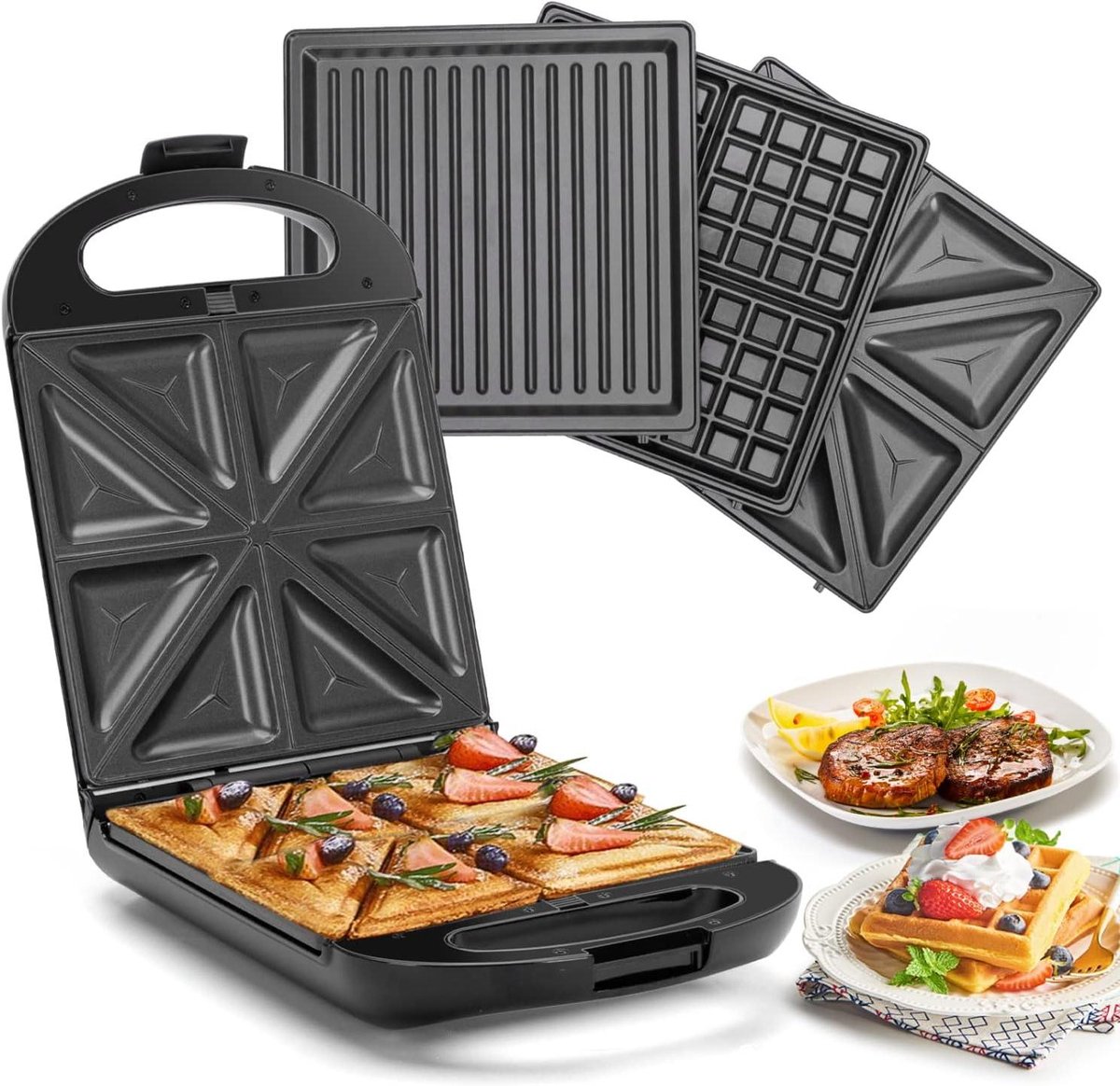 3-in-1 Keukenapparaat - Sandwichmaker Wafelijzer - Snelle Maaltijden Maken - Verwijderbare Platen - 1200 Watt - Multi