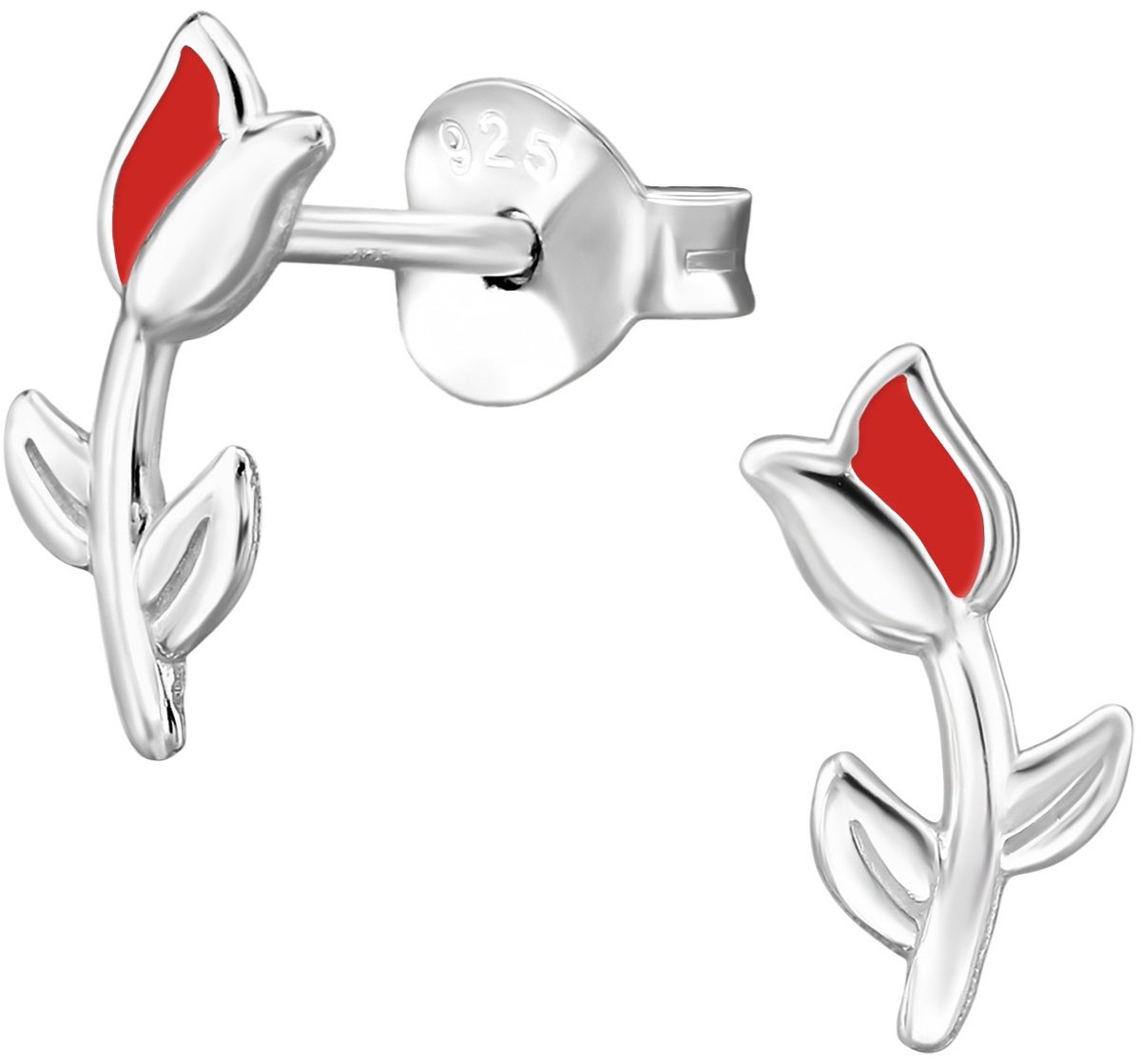 Joy|S - Zilveren tulp oorbellen - 5 x 10 mm - zilver bloemetje met rood accentje - gepolijst - sterling zilver 925 - tulp bloem oorknopjes voor kinderen - kinderoorbellen
