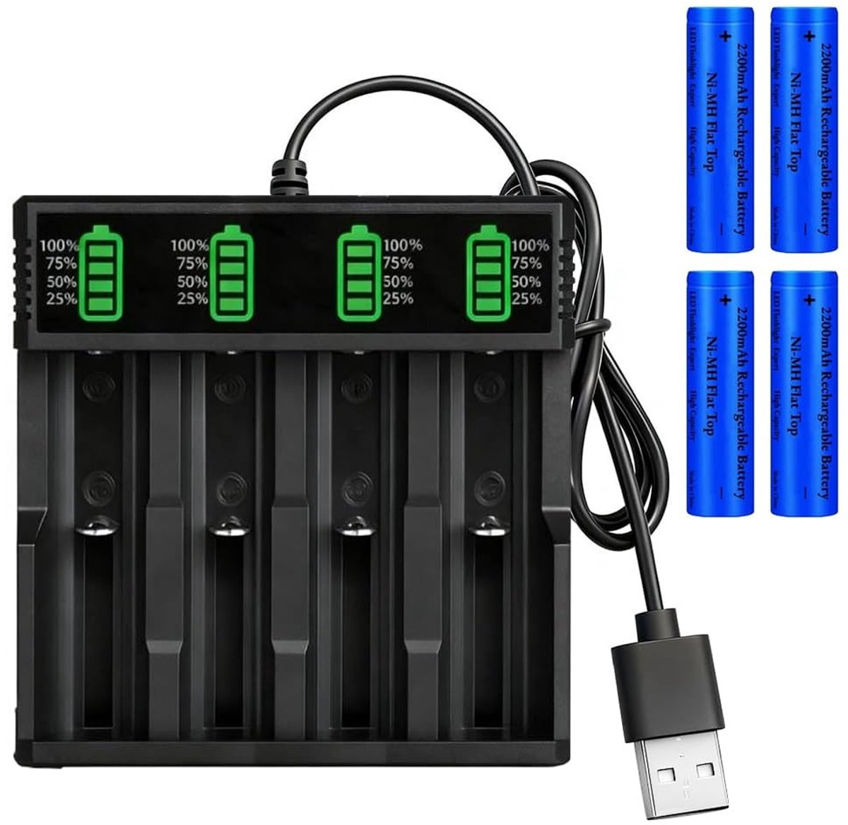 SolidKeus - Set van 4 Oplaadbare 3.7V Batterijen met USB Lader