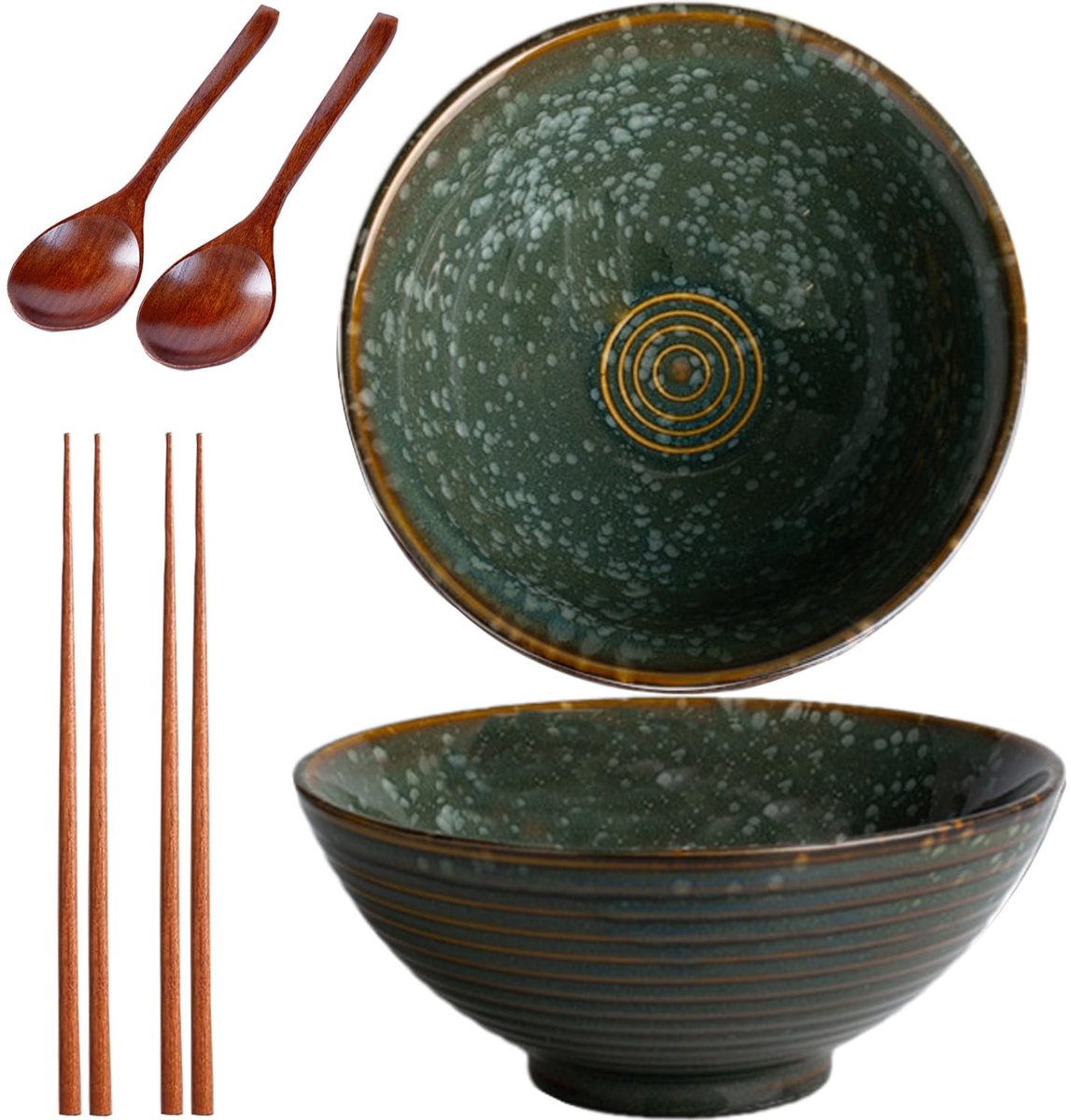 SolidKeus - Set van 2 Keramische Noodleschalen met Ramenlepels en Chopsticks