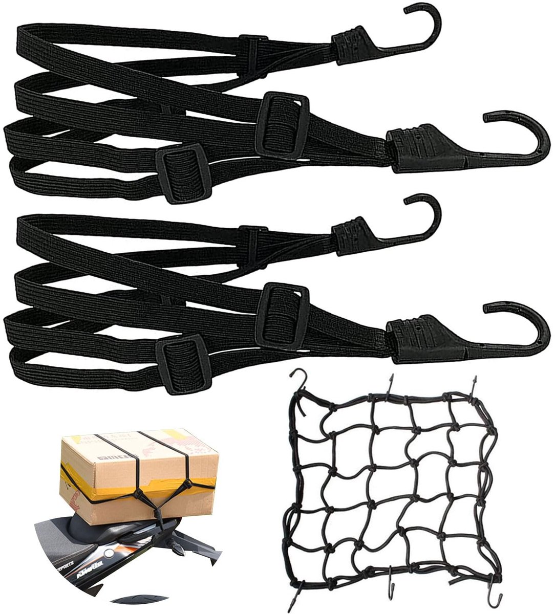 SolidKeus - Elastische Luggage Net met 2 Bevestigingsriemen voor Motoren en Fietsen