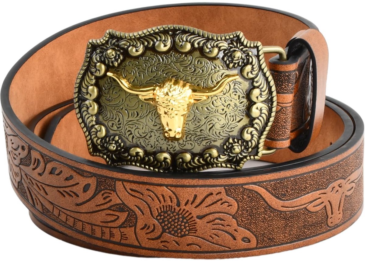 SolidKeus - Western Leren Cowboyriem met Bloemenbuckle voor Mannen