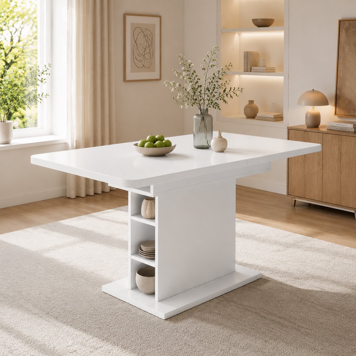 Intebiki Uitschuifbare eettafel (130×70 cm) - houten keukentafel met opbergplanken - Eettafel met dire planken - Biedt plaats aan 4-8 personen - wit