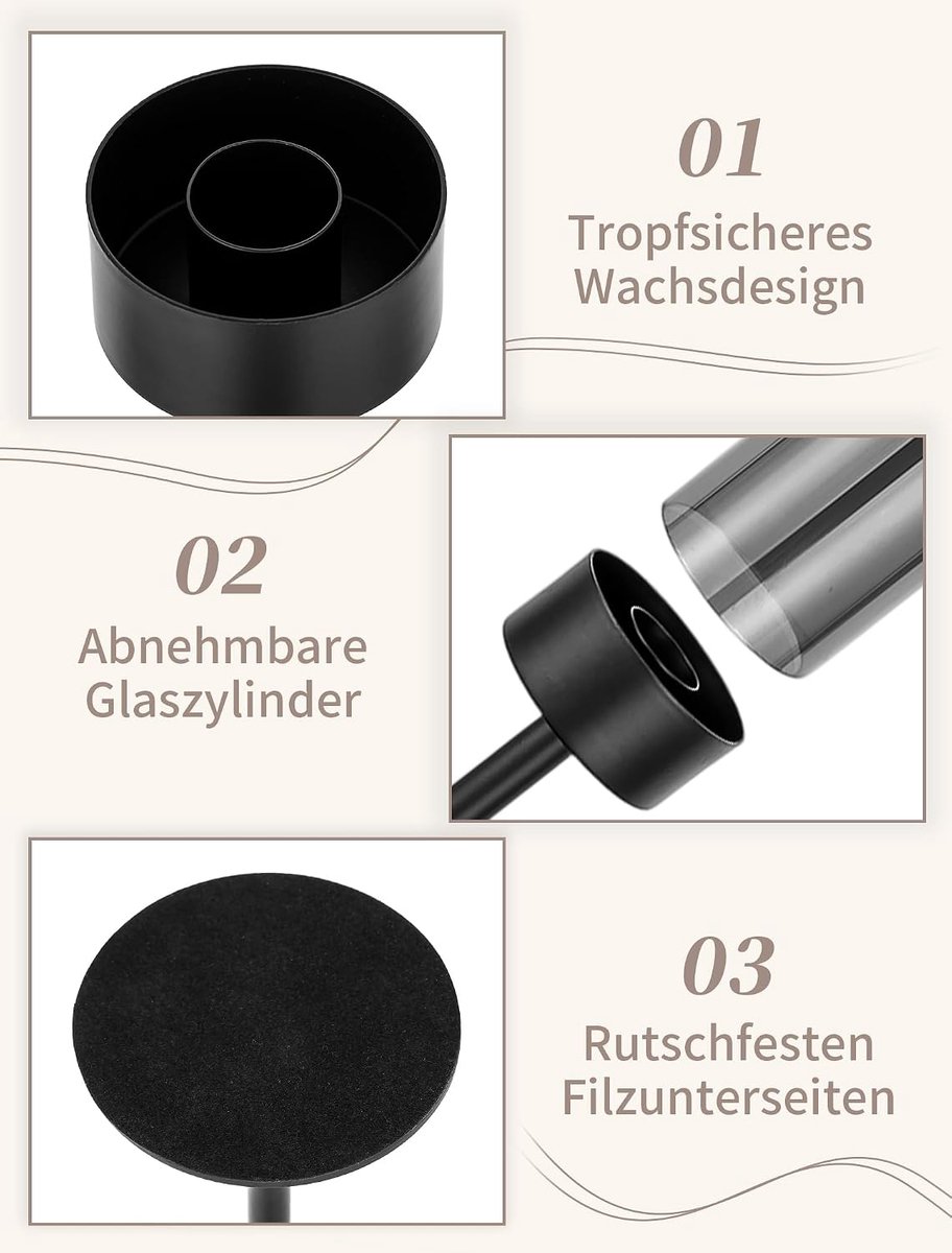 Kandelaar voor Staaskaarsen Zwart met Rookglas: Set van 3 Metalen Kandelaars met Windlicht - Moderne Tafeldecoratie voor Binnen - Buiten - Woonkamer - Kerst – foto 6