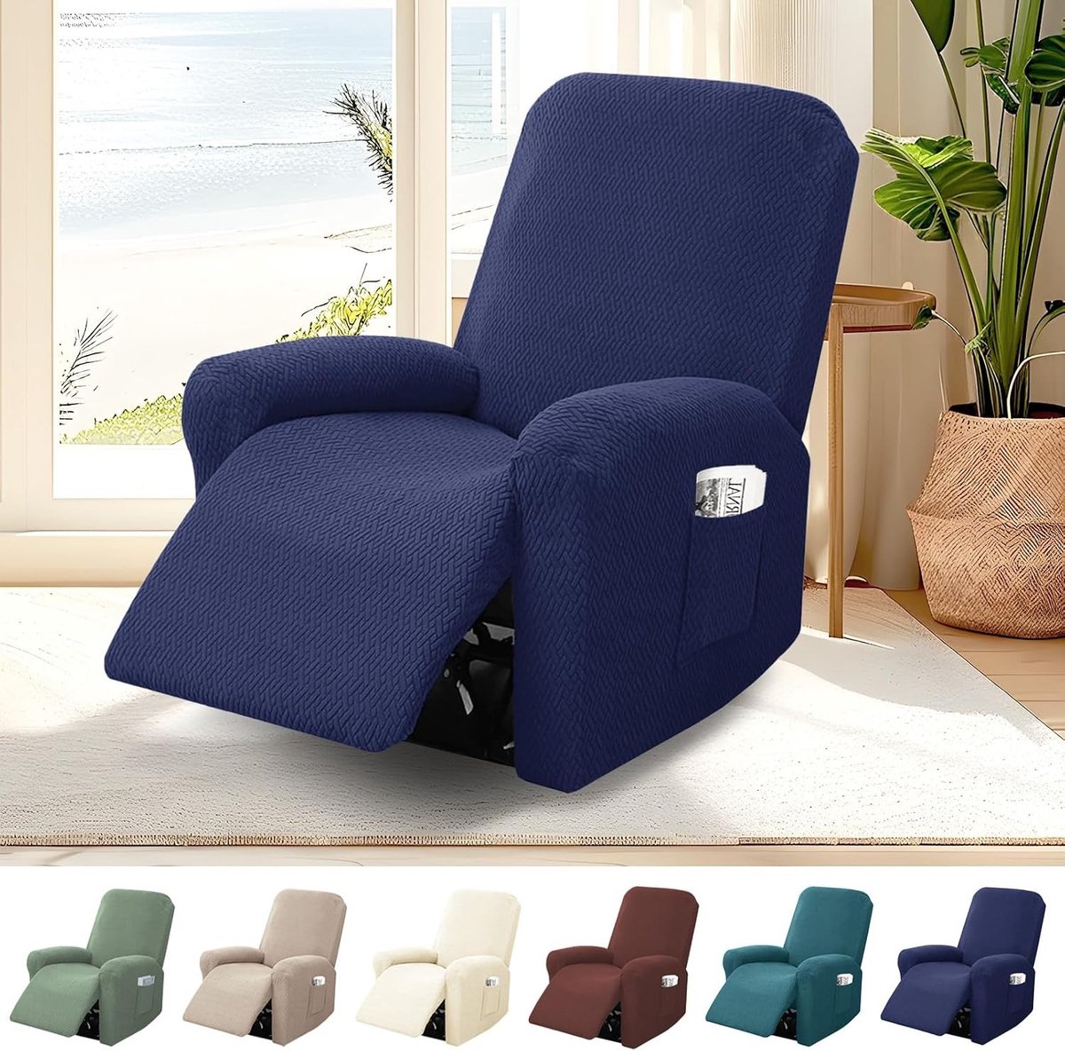 1-zits stretch stoelhoes met zakken, 4-delig jacquard fauteuilhoes voor relaxstoel en televisiestoel (diepblauw)