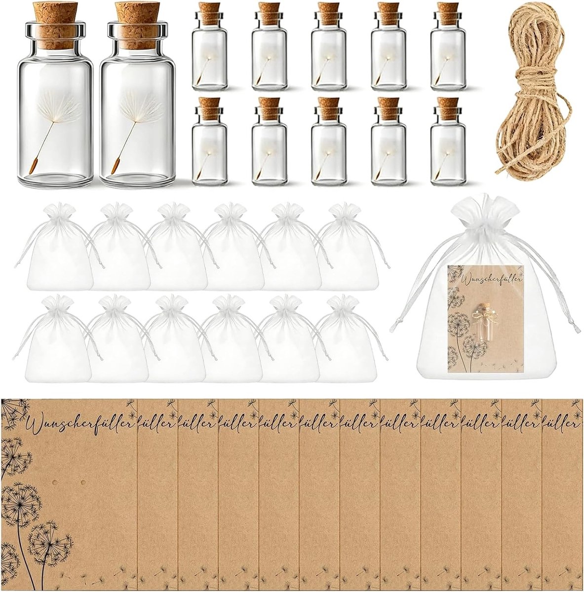 SnelShoppen - Set van 12 Kleine Wensvullers met Echte Paardenbloemen in Glas - Geluksbrengers, Wenskaart, Henneptouw, Bedankjes voor Kerst, Verjaardag
