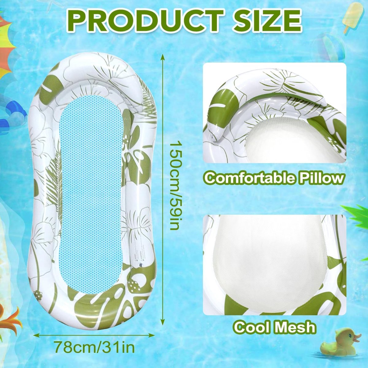 Opblaasbare Zwemband voor Volwassenen - Comfortabele Waterligmat met Hoofdsteun & Mesh Bodem - Perfect voor Zonnebaden, Strandvakantie & Feest - Stevig & Duurzaam - Snel Opblazen - Ontspanning op het Water - Groen Print – foto 6