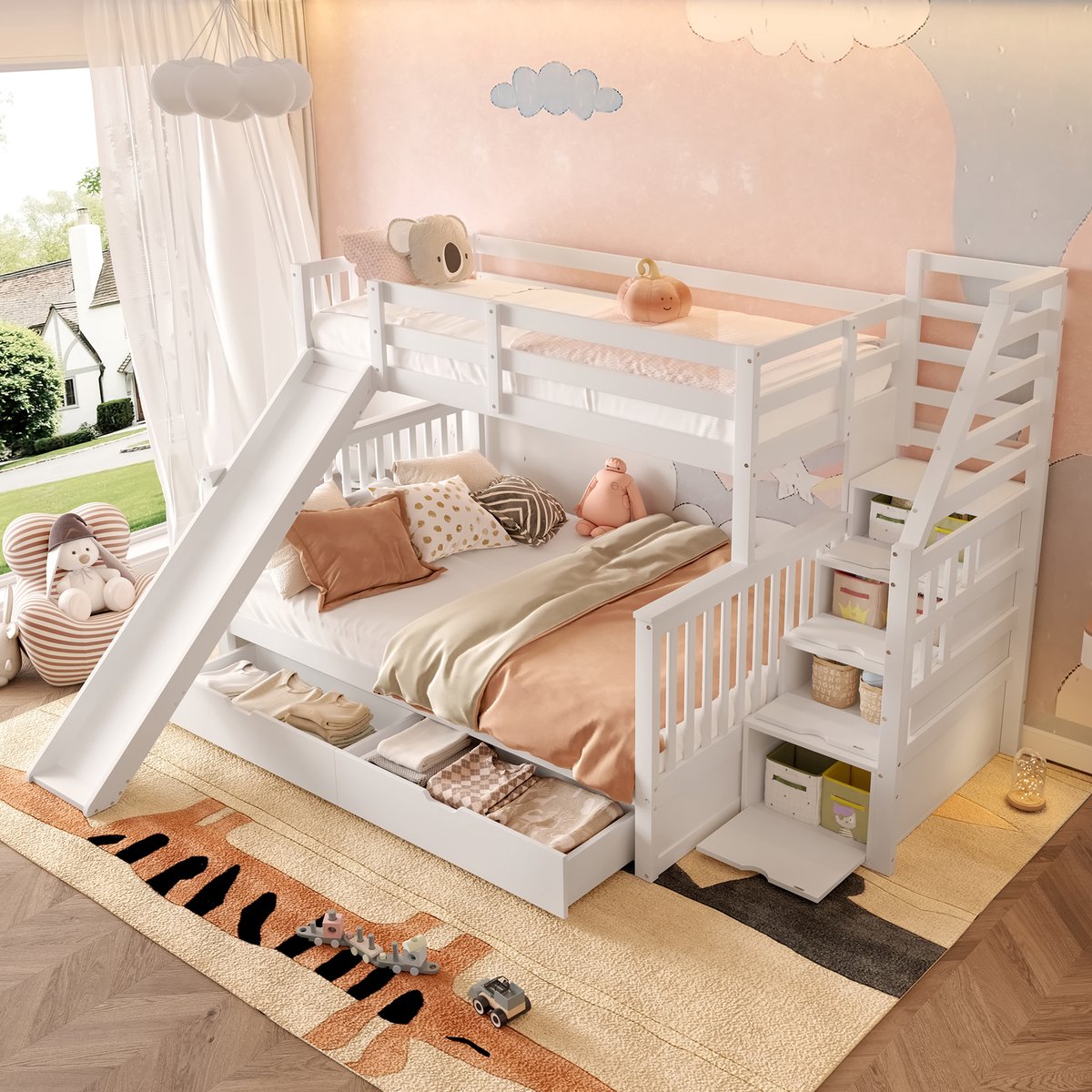 Bedframe - voor matras 90 x 200 cm - antiekwit - met opbergruimte - afmetingen 250 x 246 x 158 cm cm - matras niet inbegrepen - voor de slaapkamer