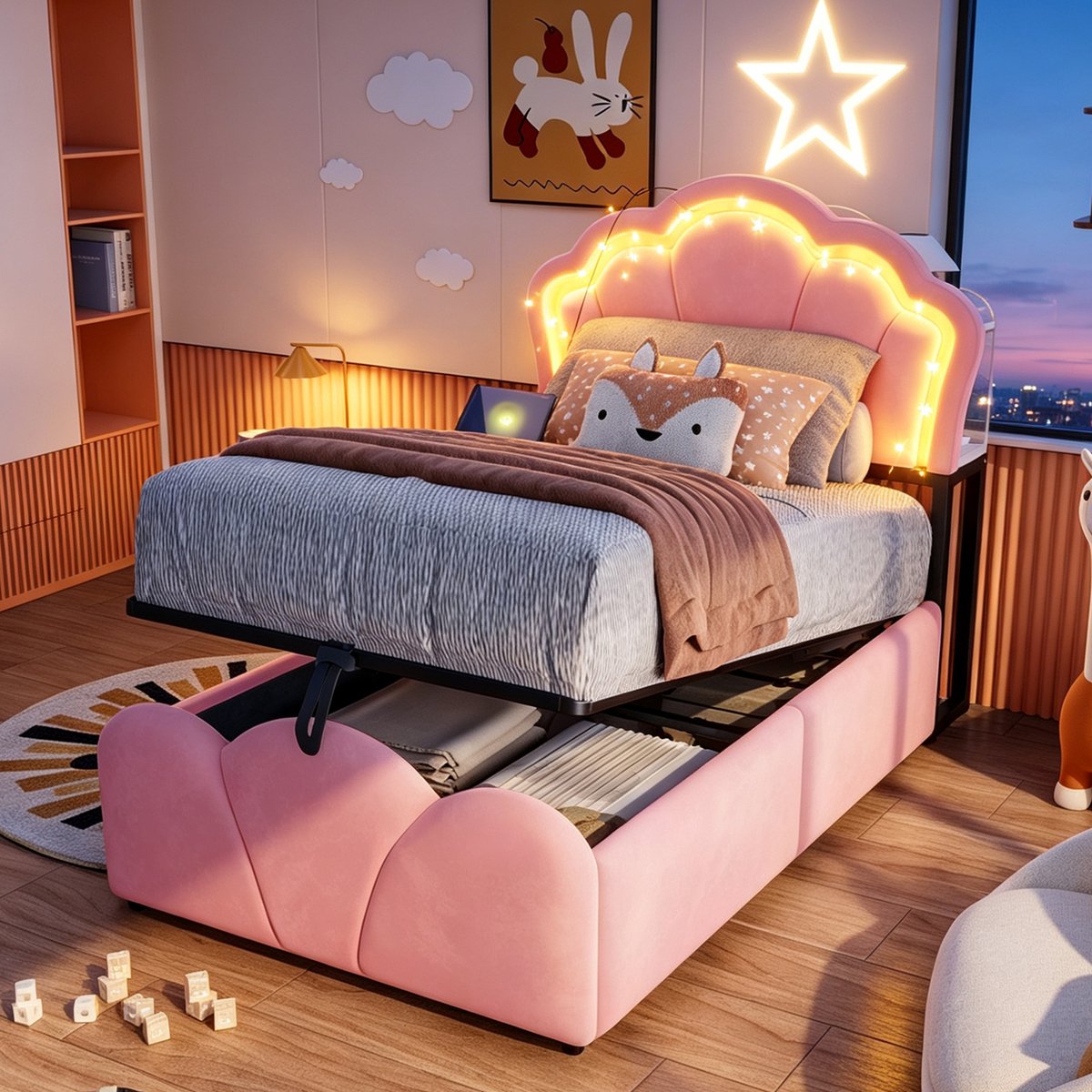 DESMIU Gestoffeerd Bed 90x200cm – Bloemen Design Met Led Verlichting En Ingebouwde Stopcontacten – Hydraulische Opbergruimte – Roze – Zonder Matras