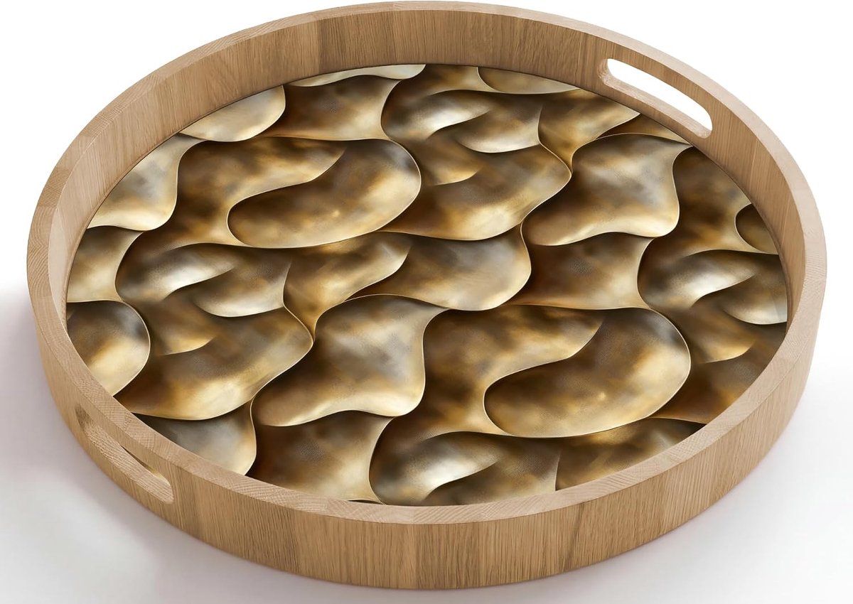 Dienblad Rond 50x50 cm Houten Serveerblad Met Handgrepen Gelakt Eikenhout Krasbestendig Hittebestendig Ontbijt Koffie Thee Eten Abstract - Antiek - Goud