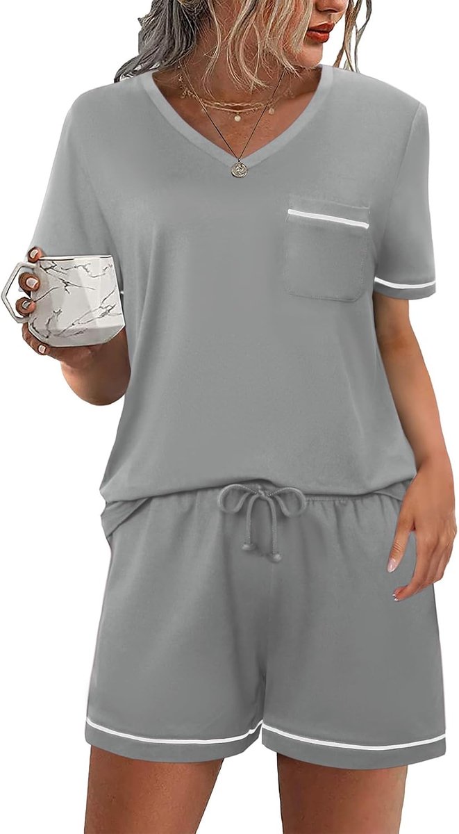 Korte damespyjama van katoen, zomerpyjama, damespyjama met kant en broek met zakken en trekkoord, zacht en comfortabel