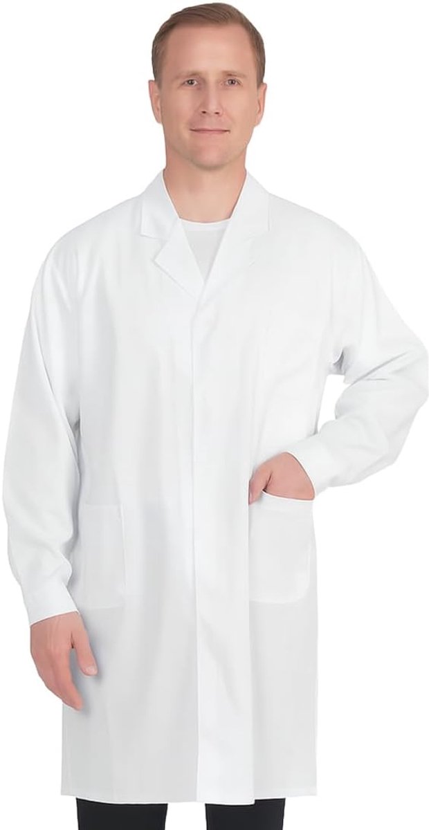 Dames en heren, witte laboratoriumjas voor medisch laboratorium, dokter, jas, werkjas, lange mouwen met zakken, mouwen met knopen, 2XL