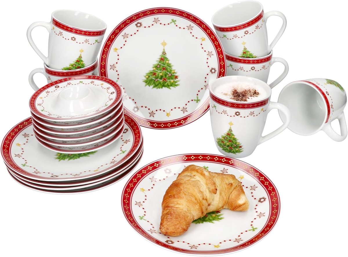 Christmas Straum 18-delige ontbijtset, 6 x kleine ontbijtborden, koffiebekers en eierdopjes met opbergruimte voor 6 personen, met kerstdecoratie