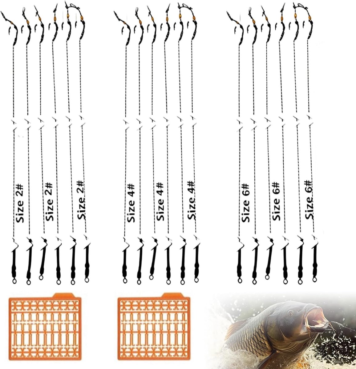 Set van 18 karpervisaccessoires, Pre-Tied Carp Hair Rigs High Carbon Steel Hooks met Boilie Stopper & Leader Braided Line voor zoetwater zout water - maten 2, 4, 6 (elk 6 stuks)