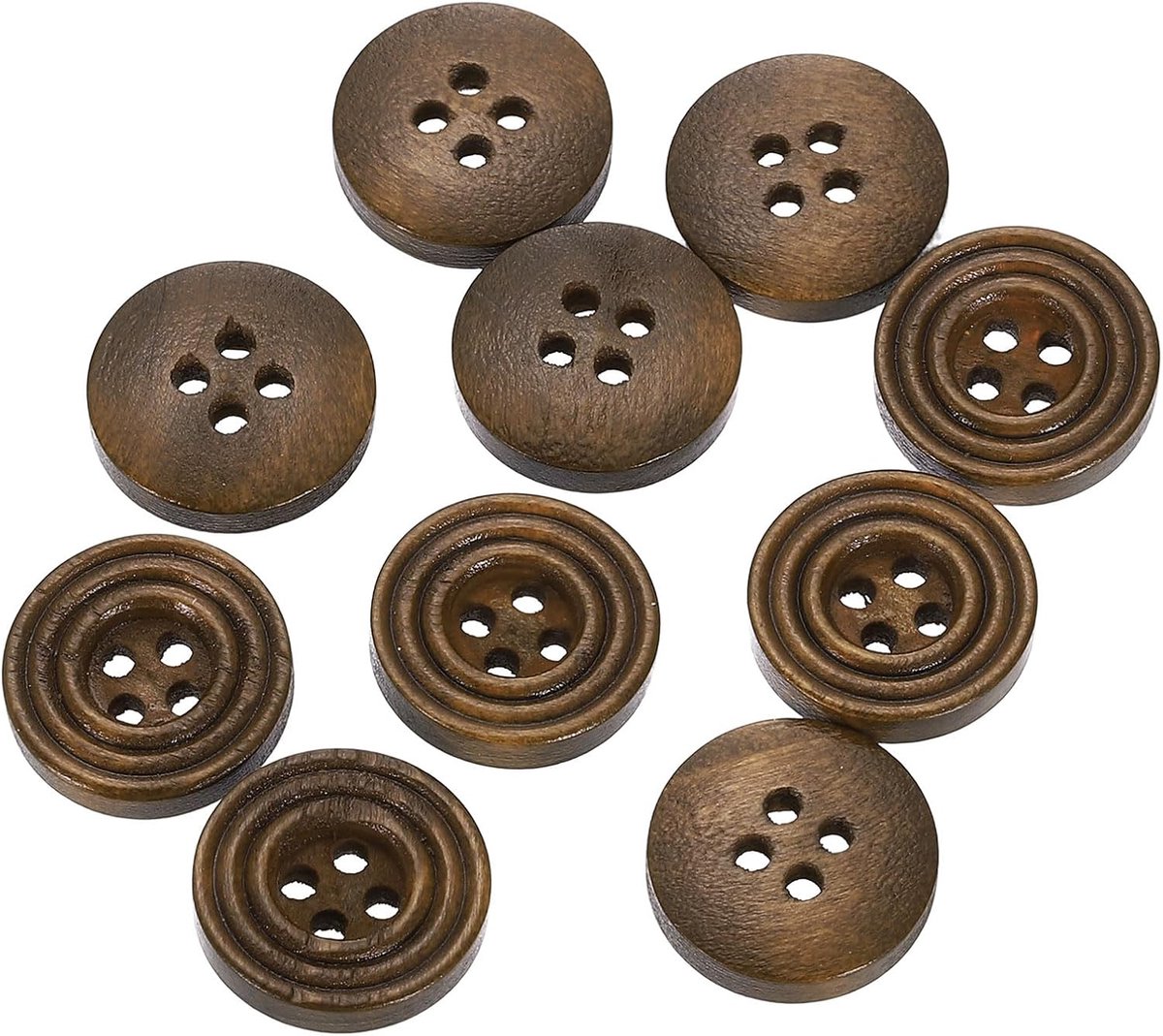 10 stuks 24 l doe-het-zelf naaiknopen 5/8" (15 mm) hout rond plat 4-gaats knutselen vervangende knopen voor naaien, kleding, handgemaakt knutselwerk, bruin