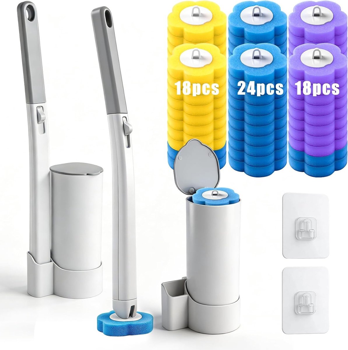 Wegwerp Toiletborstelset - Blauw - Inclusief 60 Navullingen en 2 Houder - Wandmontage voor Ultieme Hygiëne