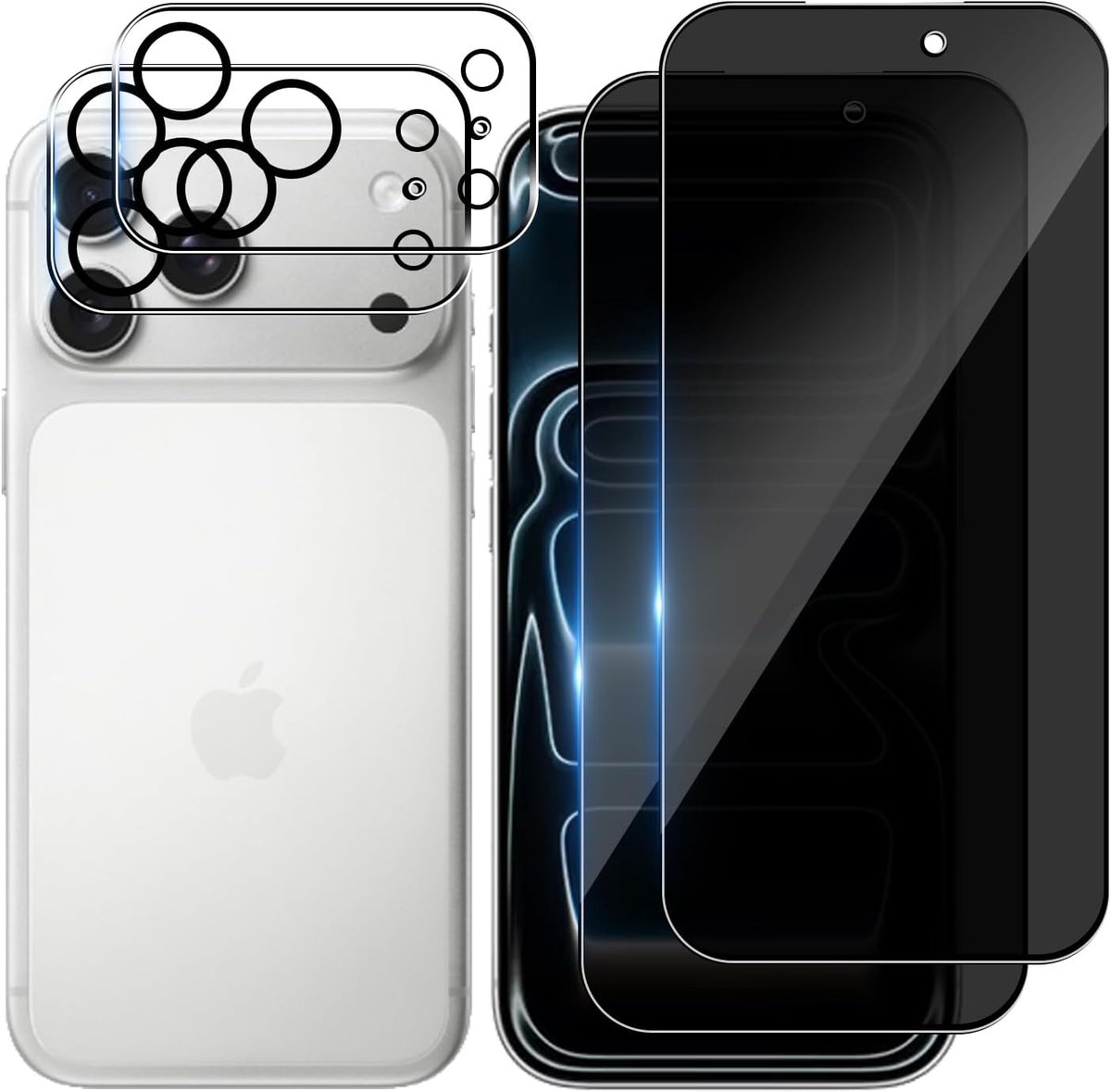 Inkijkbescherming voor iPhone 17 Pro Max, pantserglas, 2 stuks privacyfolie, 2 stuks camerabescherming, hardheid 9H, anti-spy veiligheidsglas, krasbestendige displaybeschermfolie
