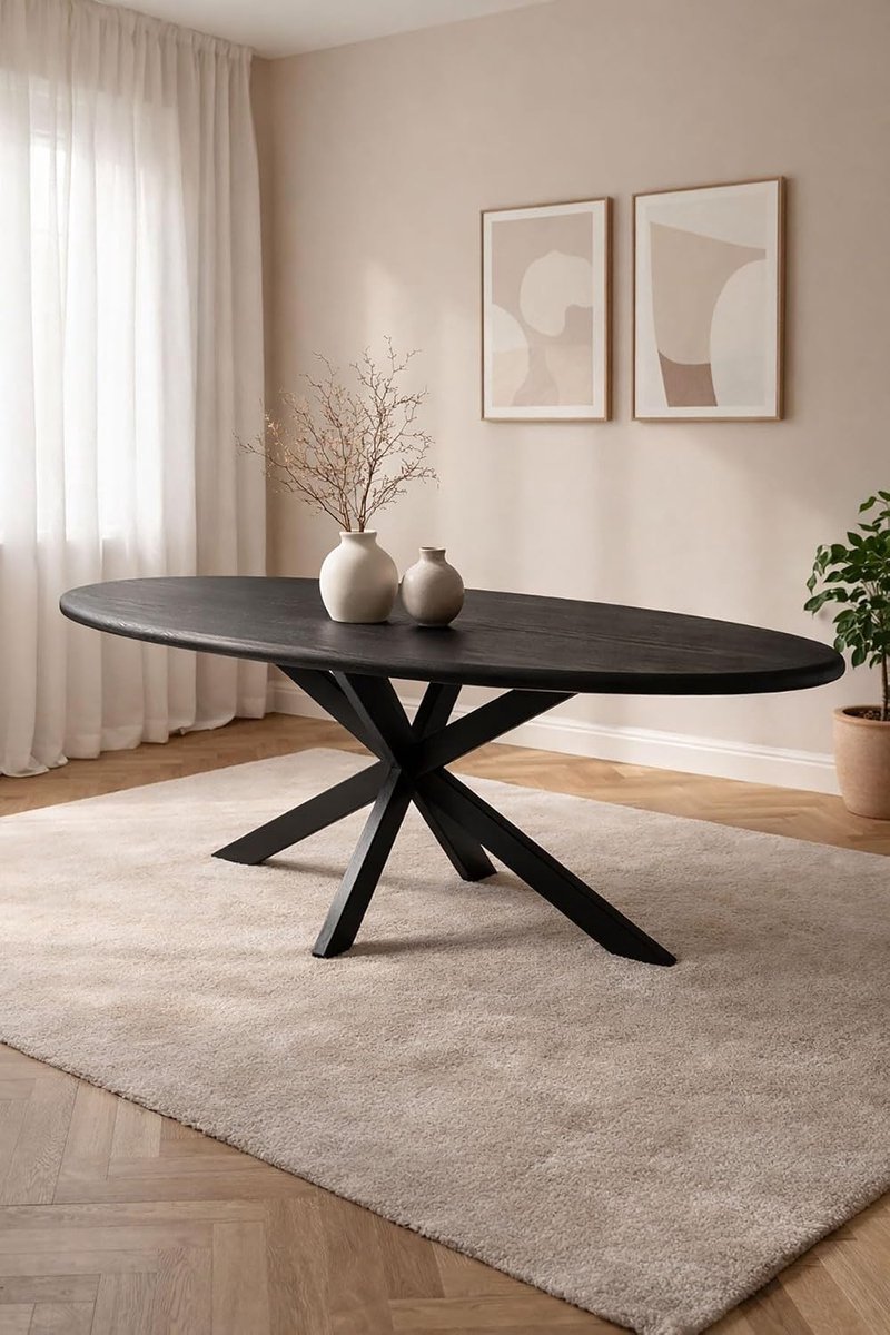 Home Ovale Eettafel 200 cm Mangohout – Zwart – Zwart Metalen Matrix Onderstel – Landelijk – 5-6 Personen