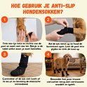 Instructies voor het gebruik van antislip hondensokken: poten meten, sok aantrekken en controleren.