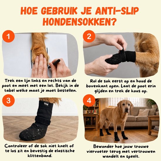 Instructies voor het gebruik van antislip hondensokken: poten meten, sok aantrekken en controleren.
