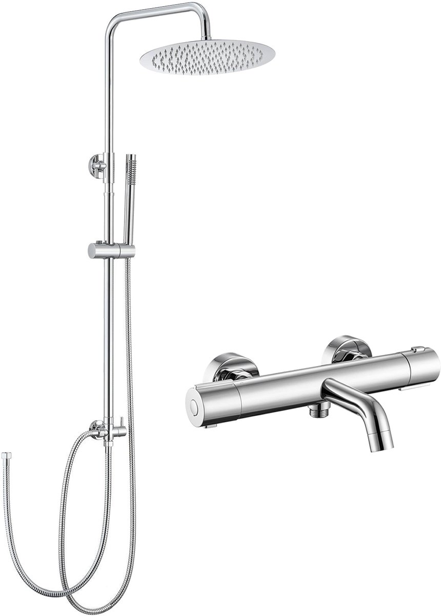 Auralum Max Regendouche met Thermostaatkraan - Ø 25 cm Douchekop - Chroom RVS Doucheset - Inclusief Thermostatische Badkraan - Rond Design - Verstelbare Hoogte 72-110 cm - Waterbesparend