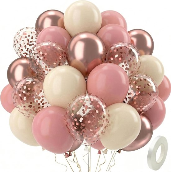 Roze en Roségouden Ballonnen - 52-delige parelketting met roségouden retro roze ballonnen met zandwitte ballon - latex ballon voor prinsessen - meisjes - vrouwen - verjaardag - babyborrel