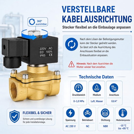 SolidKeus - Elektrische Solenoïde Ventiel G3/4" 220V AC voor Water en Lucht — afbeelding 3