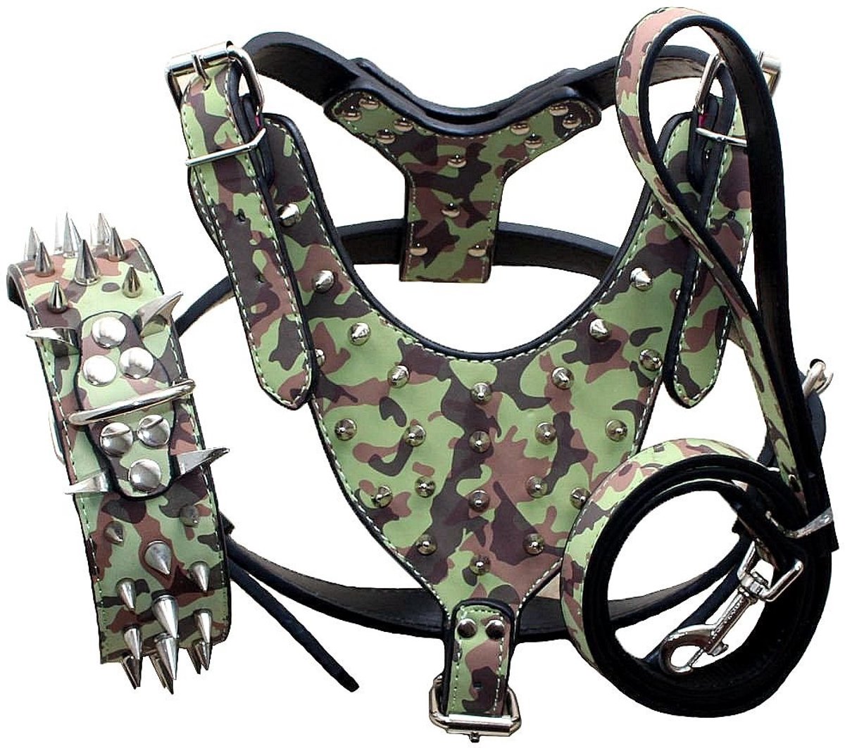 SolidKeus - Hondenharnas, Halsband en Lijn Set voor Middelgrote en Grote Honden (L, Camouflage)