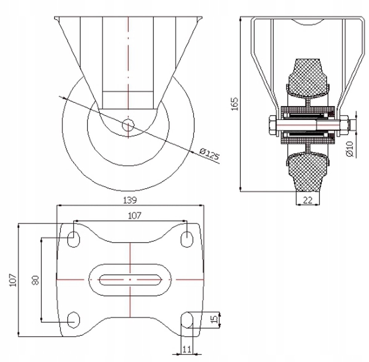 Merkloos Zwenkwiel 125mm Kunststof Rubber, Vaste Behuizing