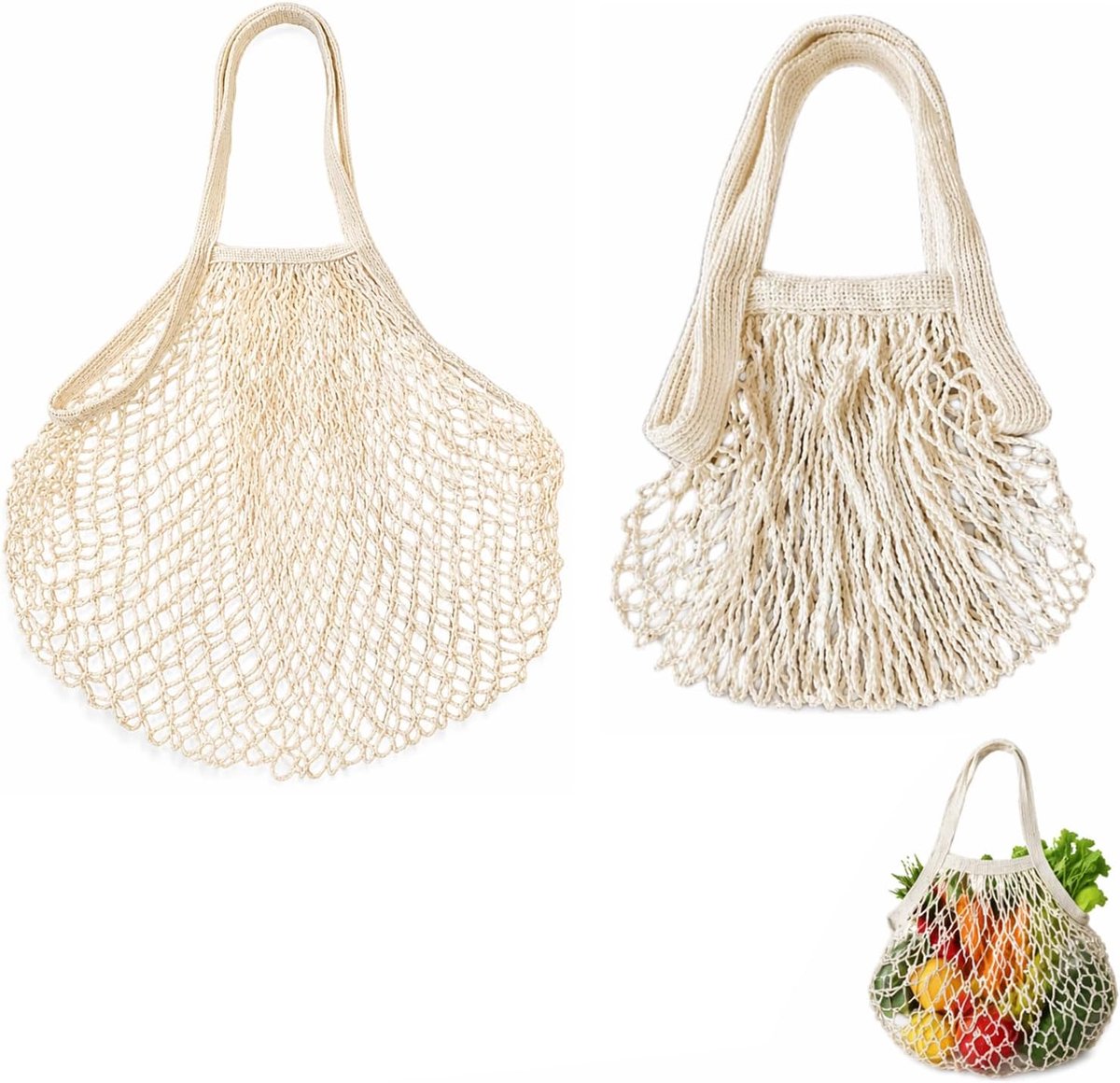 2 netzakken voor strand, beige, zandzak 35 x 35 x 25 en 25 x 25 x 10 cm, biologisch katoen met schouderriem en handvat, voor fruit, groenten en speelgoed