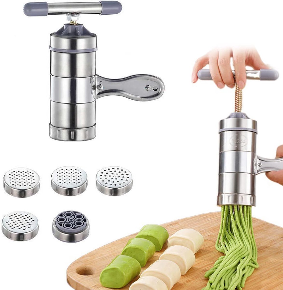 Handmatige pastampers van roestvrij staal, draagbare pastamachine, spaghettimachine met 5 pastamvormen, de pastamachine voor verse pasta, voor thuis of in het restaurant, 18 x 13,5 x 9