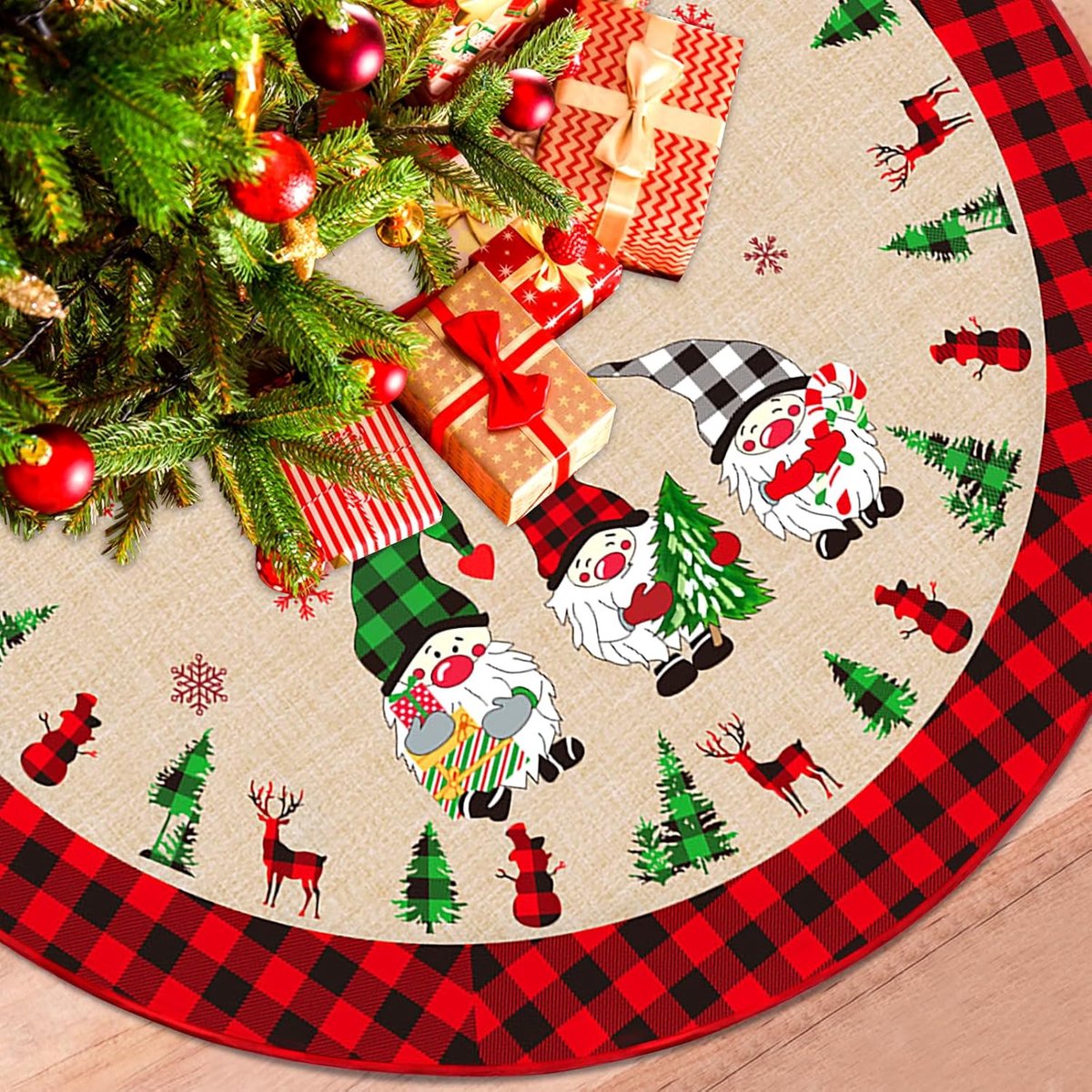 48 Inch Kerstboomrok, Grote Zwart Rood Groen Buffel Plaid Kerstdecoratie Kabouters Elanden Sneeuwvlok Boom Patronen Vakantie Bont Decoraties voor Kerstvakantie Feestboom Decoratie