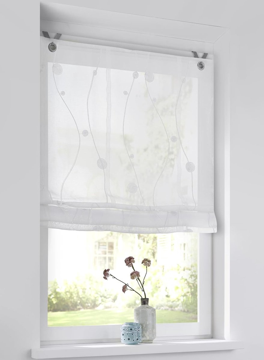 Ösenrollo Nelly wit - semi-transparant met geborduurd rankenpatroon - 80x140 cm - decoratief polyester rolgordijn met witte rankenborduurwerk, aangename lichtdoorlatendheid, eenvoudige
