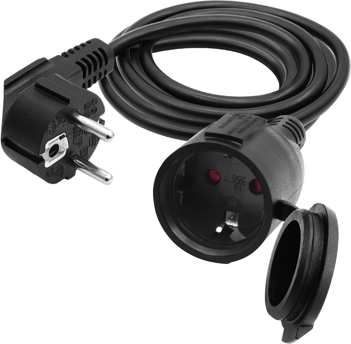 Verlengkabel, kort, AC Schuko verlengkabel, korte netsnoer, stekkerverlenging, kabel voor buiten, kort, 3 x 1,5 mm², 16 A, 250 V, IP44, voor thuis, kantoor (zwart 90 graden, 3 m)
