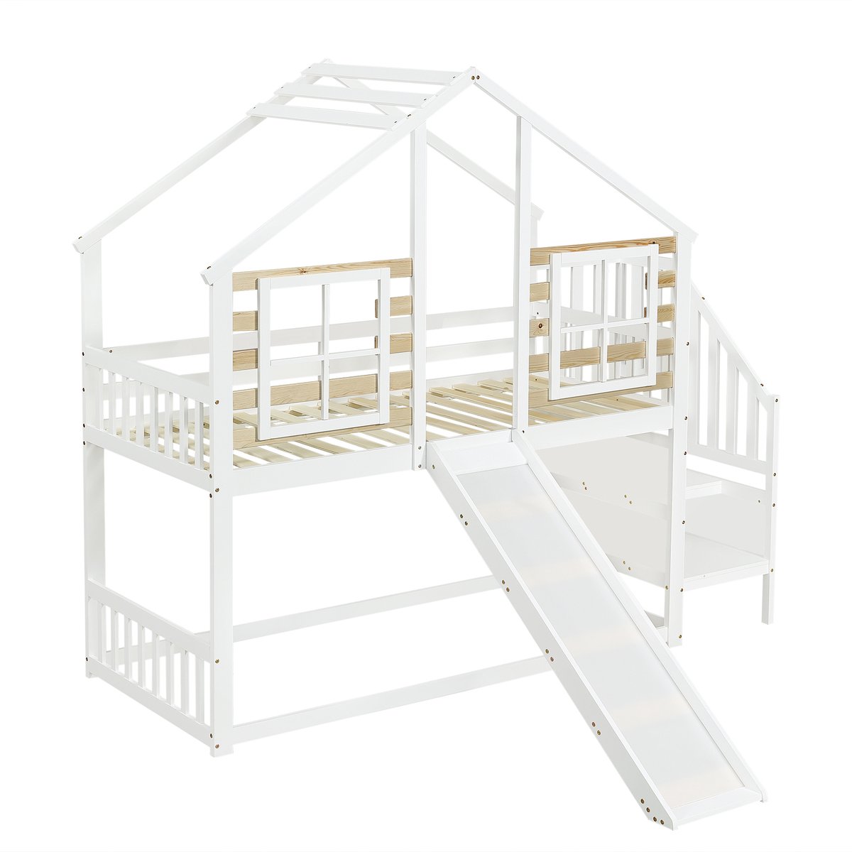 MUVANO Stapelbed met Glijbaan - Boomhutbed - Kinderbed - Etagebed - Massief Hout - Trap - Uitvalbeveiliging - Speelbed - Kinderkamer - 90x200cm - 1 Stuk - Wit