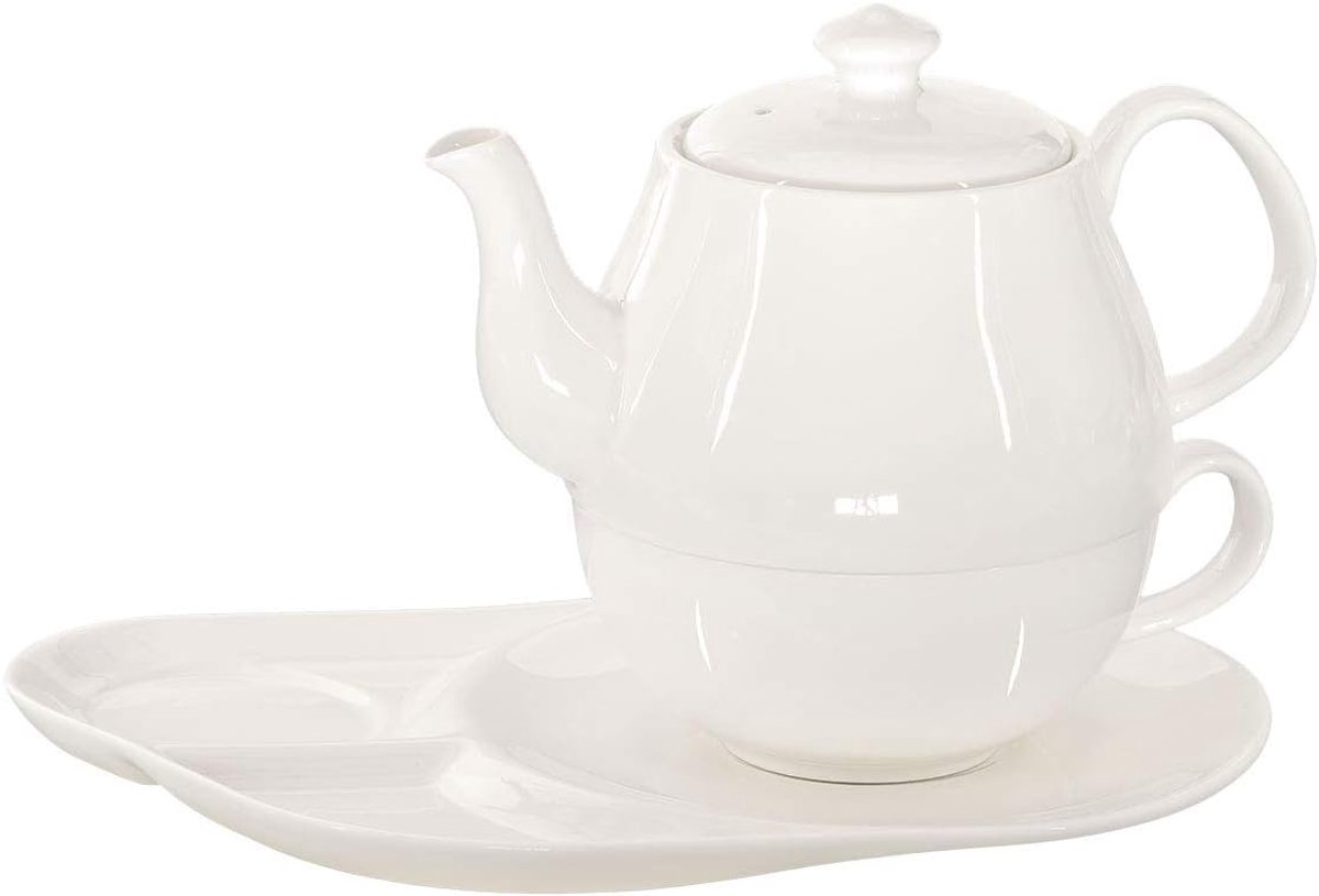 For One Daisy 600 ml Crystal Bone China porselein in fijne romige witte theepot + theekop + onderzetter met praktische planken