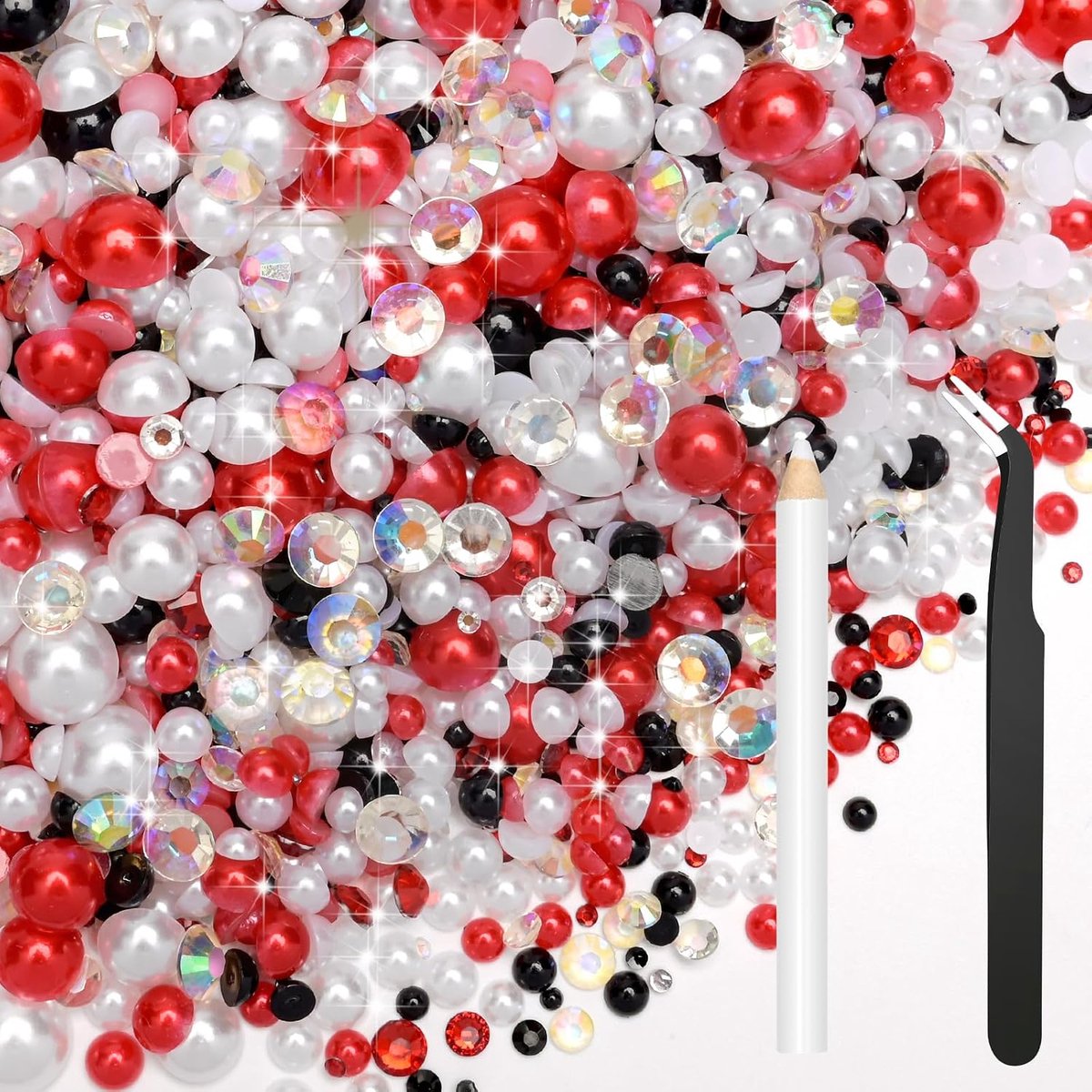 80g Mix Flatback Parels Rood Zwart Wit Steentjes voor Kleding Halve Ronde Parels Edelstenen Steentjes voor Ambachten Gezicht Nail Art Flessen Tumblers Schoenen Gift DIY Bedazzling (Maat 2mm