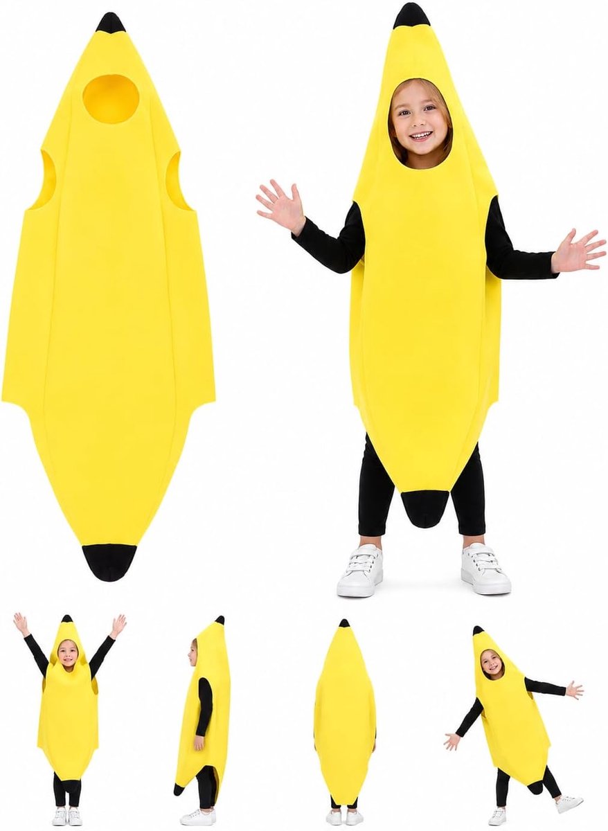 Kostuum banaan en grappige verkleedkleding, uniseks, volwassenen en kinderen, 1 stuk voor carnaval, Halloween, party, cosplay