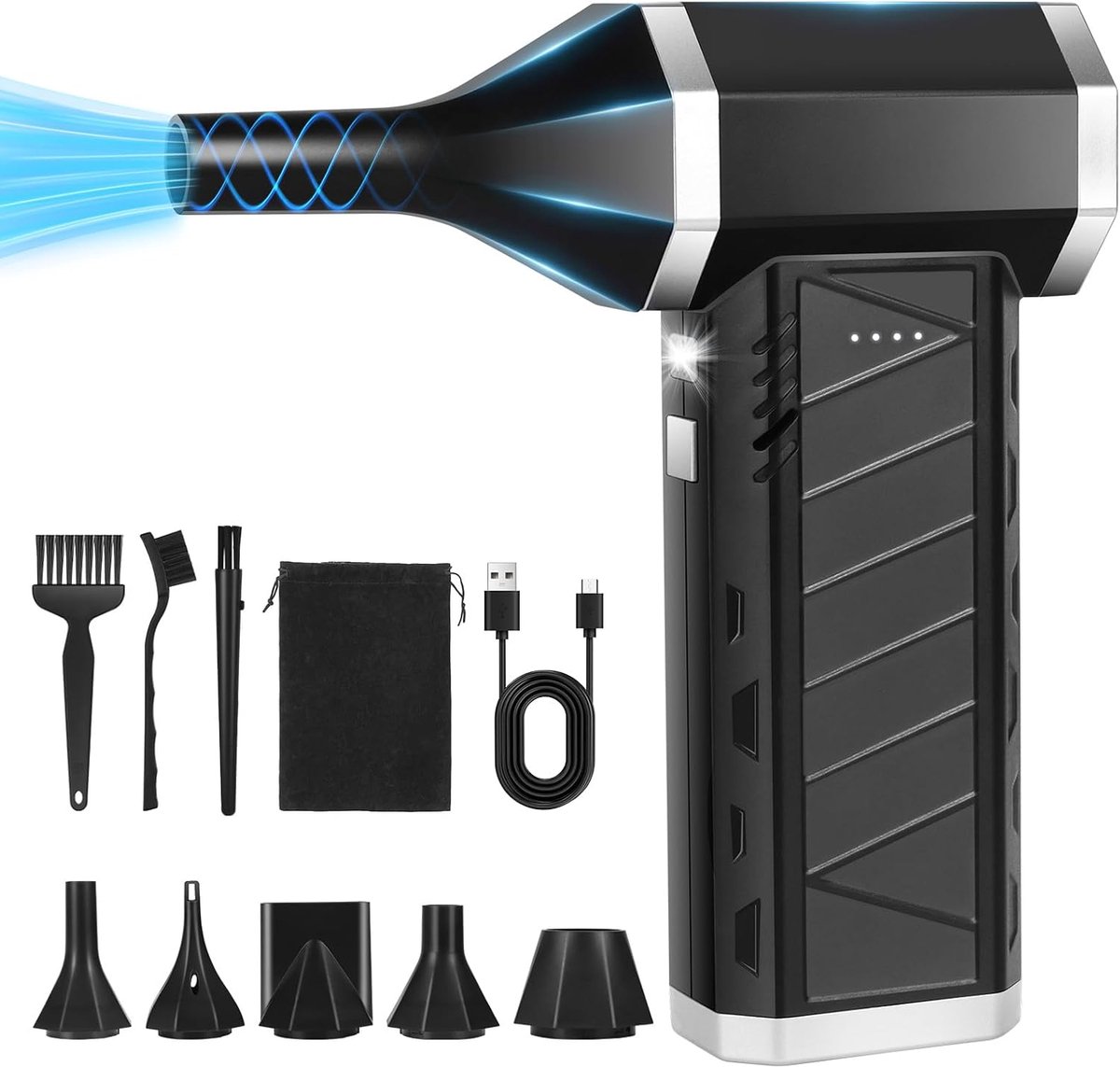 Air Stofblazer, 3 snelheden, elektrische stofblazer, persluchtspray, Compressed Air Duster Turbo mini-blazer met accu en 5 sproeiers, stofblazer voor pc, toetsenbord, outdoor, huis en auto