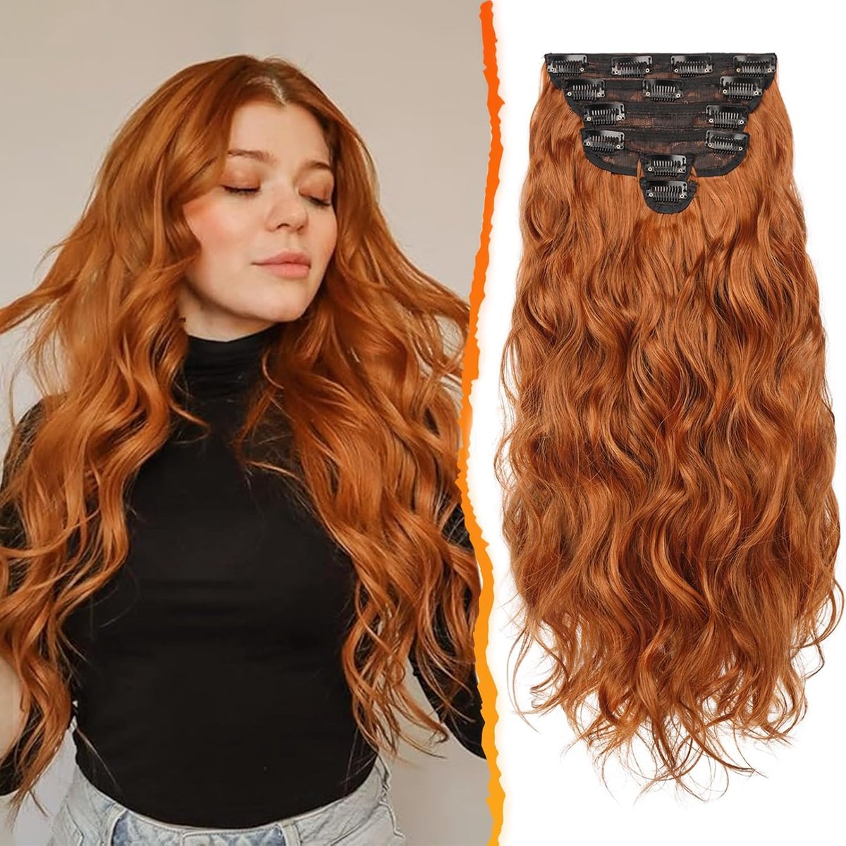 Haarextensies, 50cm Lang Golvende Koper Haar Extensions Clip in 6 PCS Dik Krullend Natuurlijke Synthetische Haarstukken voor vrouwen Dagelijks Feest (Gember Koper)