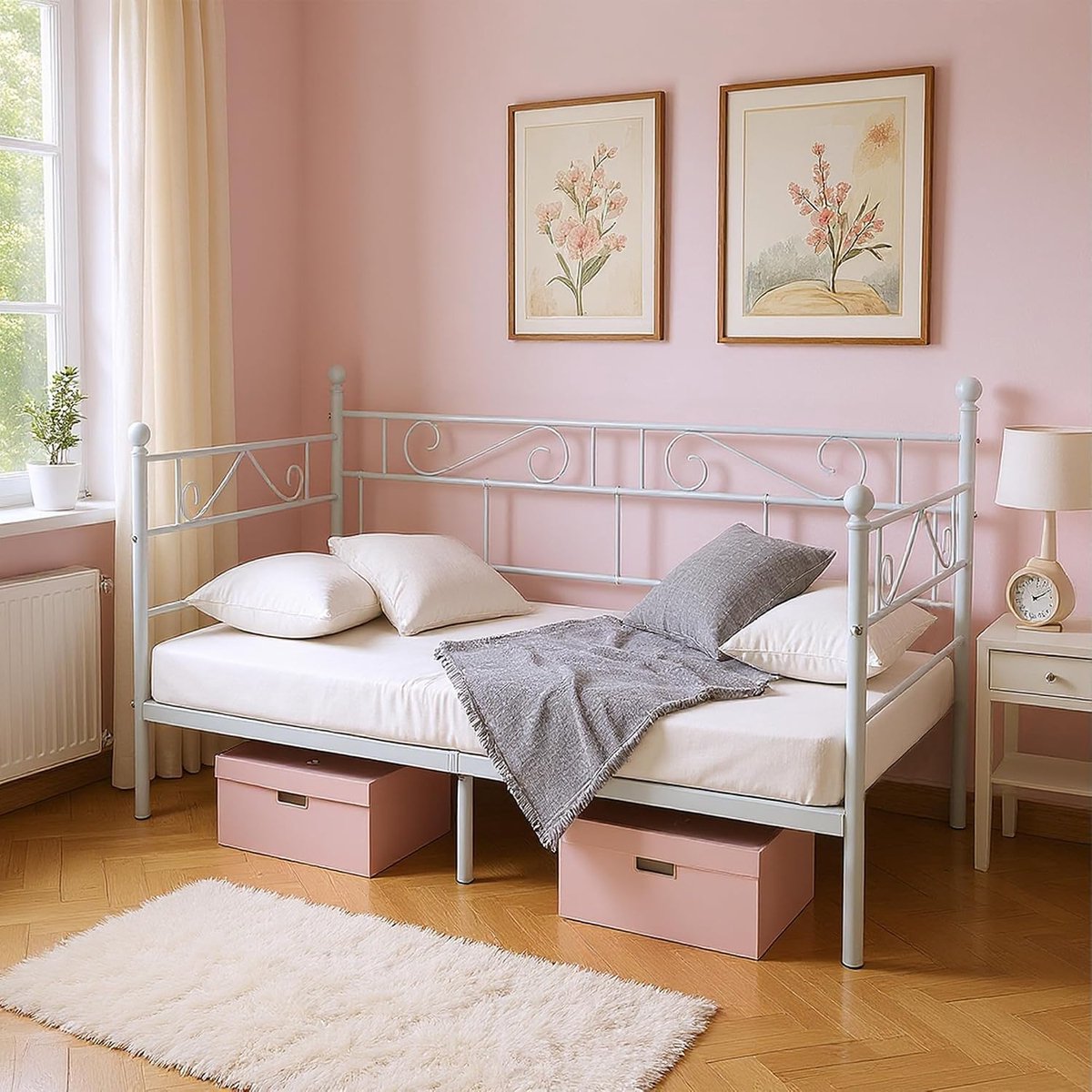 90 x 190 cm, bedframe met lattenbodem, dagbed, logeerbed, metalen bedframe, bedbank, eenpersoonsbed, geschikt voor slaapkamer en woonkamer, wit