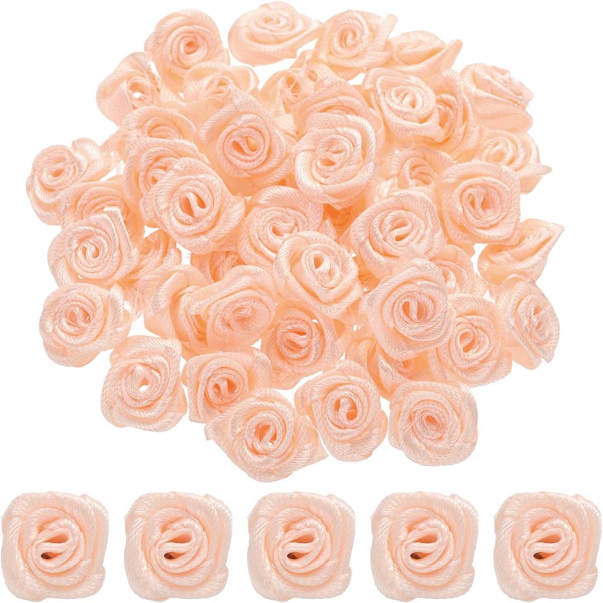100 stuks 1,5 cm mini-rozen van satijnen lint, satijnen rozen, kunststoffen bloemen voor doe-het-zelf knutselaccessoires, naaien, verpakking, bruiloftsgeschenkdecoratie, champagne