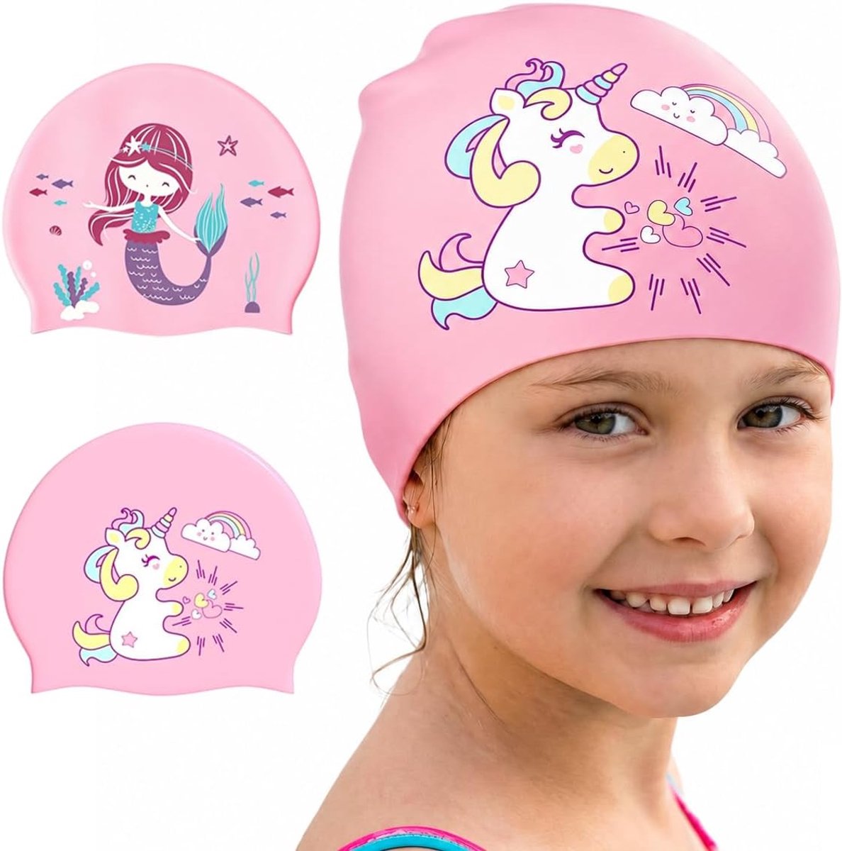 Zwemmutsen voor Meisjes Unicorn en Zeemeermin, Siliconen Zwemmuts Kind Waterdicht en Antislip, Badmuts voor Lang en Kort Haar, Zwemmuts voor Meisjes van 4-12 Jaar