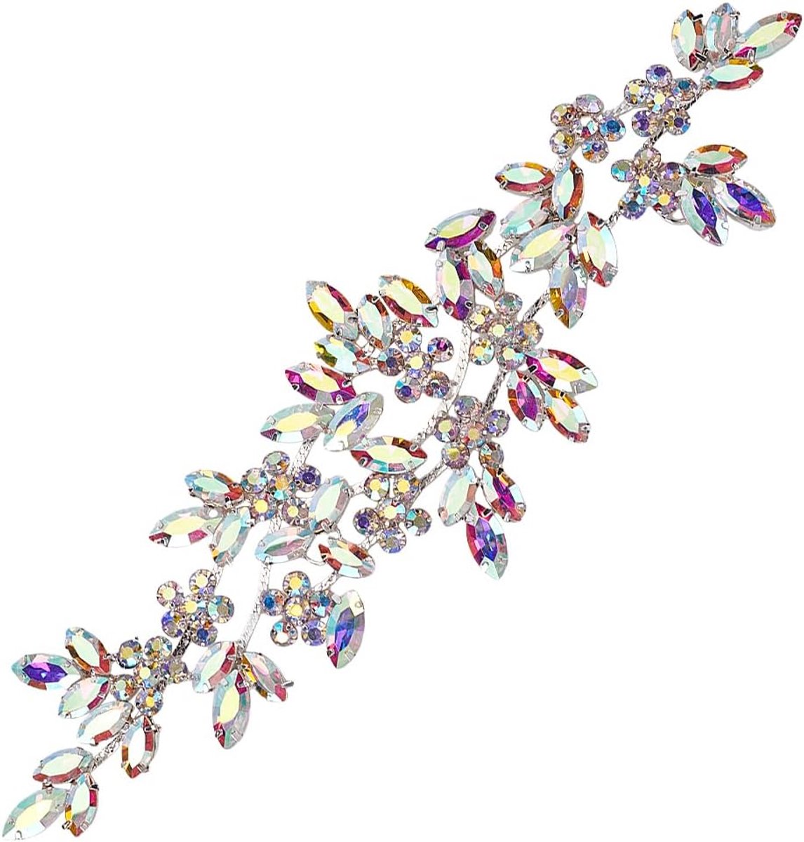 Strass Applique Zilver Naaien Applique 220x65x6mm Crystal AB Kleur Crystal Applique Bruiloft Craft Rhinestone Applique Bloem Bladeren Strass Applique voor Trouwjurk Bruids Decor