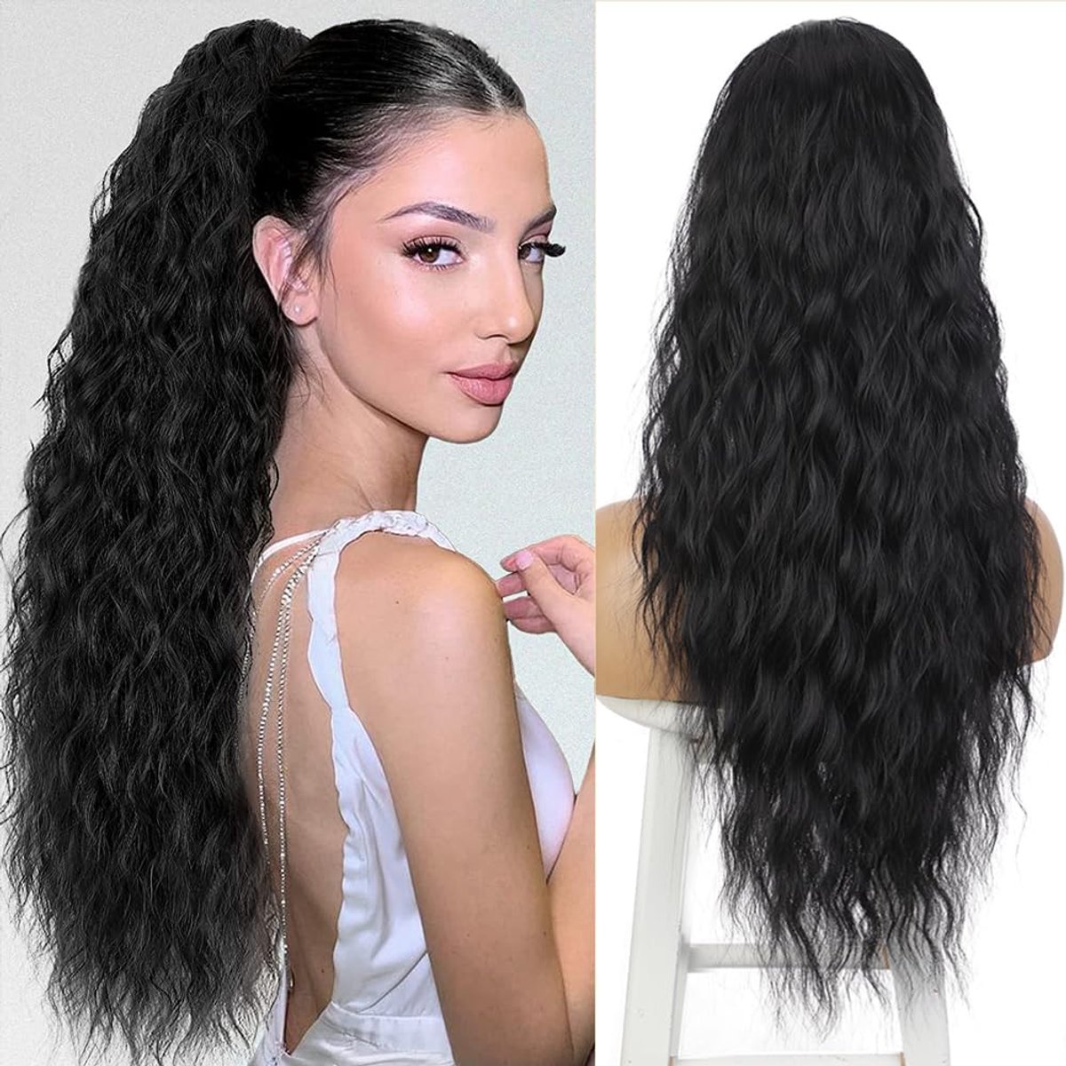 Braid Curly Ponytail Extensions 26in Synthetisch met Drawsting Ponytail Extension Haarstuk voor Vrouwen (1B Black)