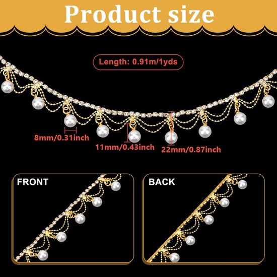1 Yard/0,91 m Strass Parel Kwastje Fringe Trim Lint, Diamant ingelegd Parel Kralen Ketting Applique Versiering voor Naaien Ambacht, DIY Sieraden Bruiloft Bruids Boeket Kostuum Decoratie — afbeelding 5