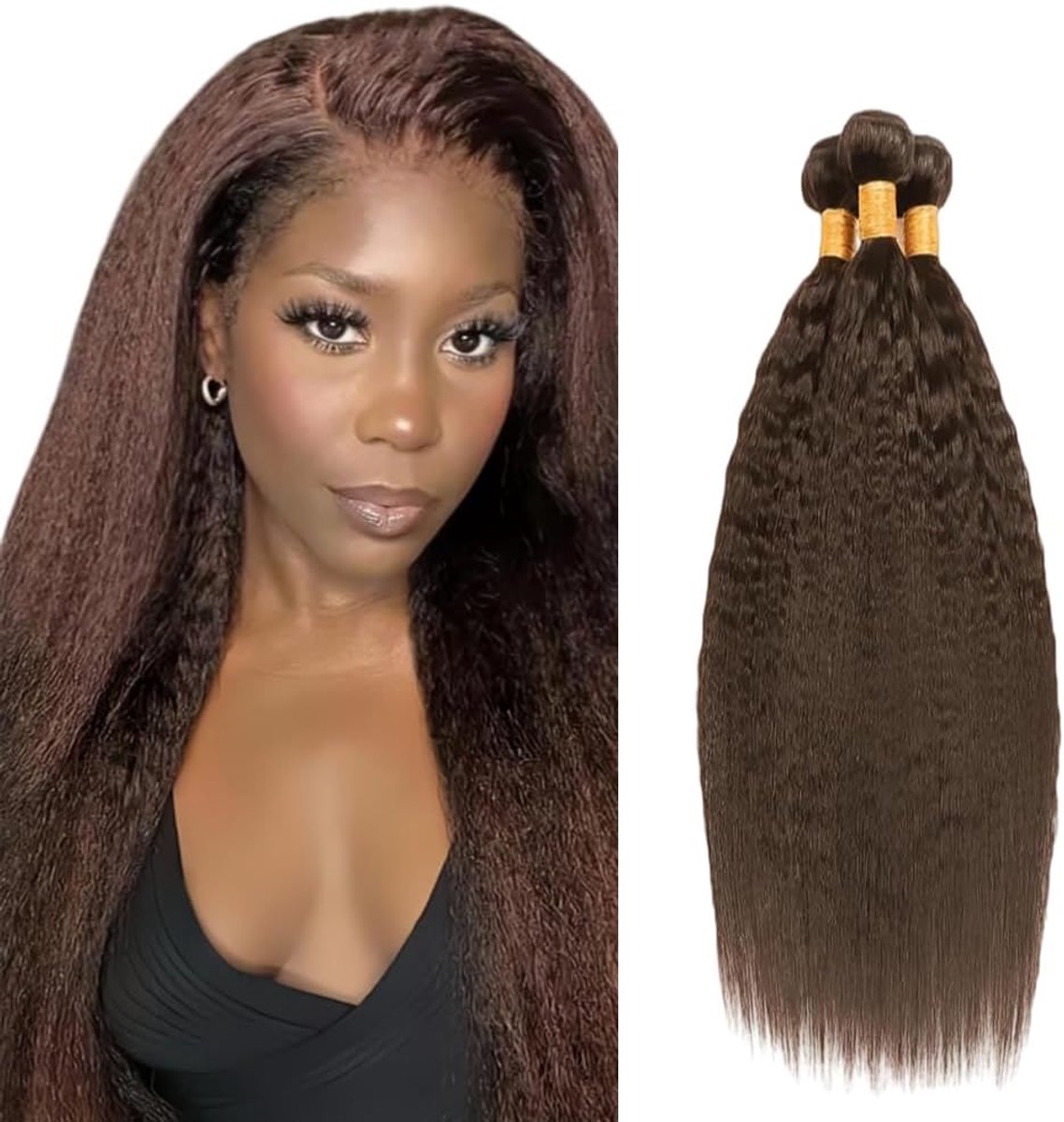 30 32 34 Inch Bundles Human Hair Extension Yaki Straight menselijk haar Bundles Unprocessed Brazilian Virgin Hair #4 Chocolate Brown Minimal detachment For Women 3 Bundles Total 150g