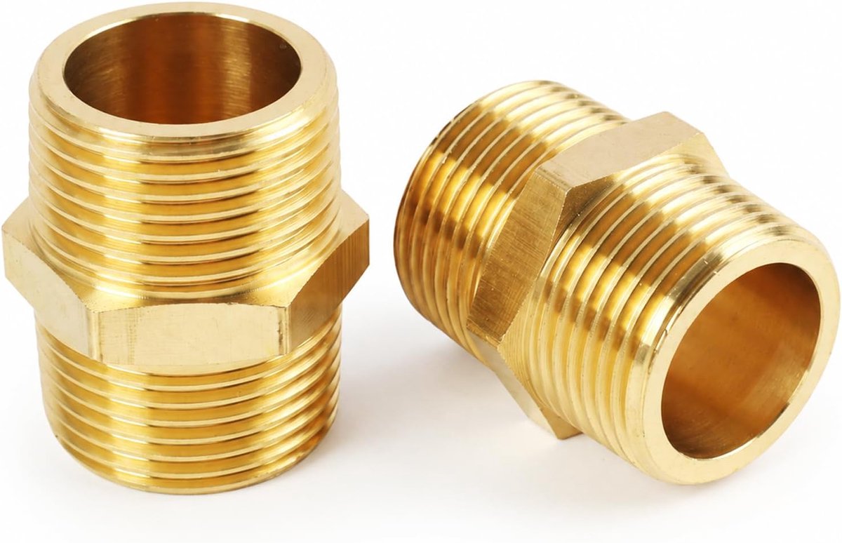 2 dubbele nippelverbindingen van messing, 3/4 inch, dubbele buitendraad, zeshoekig, aansluiting voor waterslang, verwarming, sanitair, doe-het-zelf