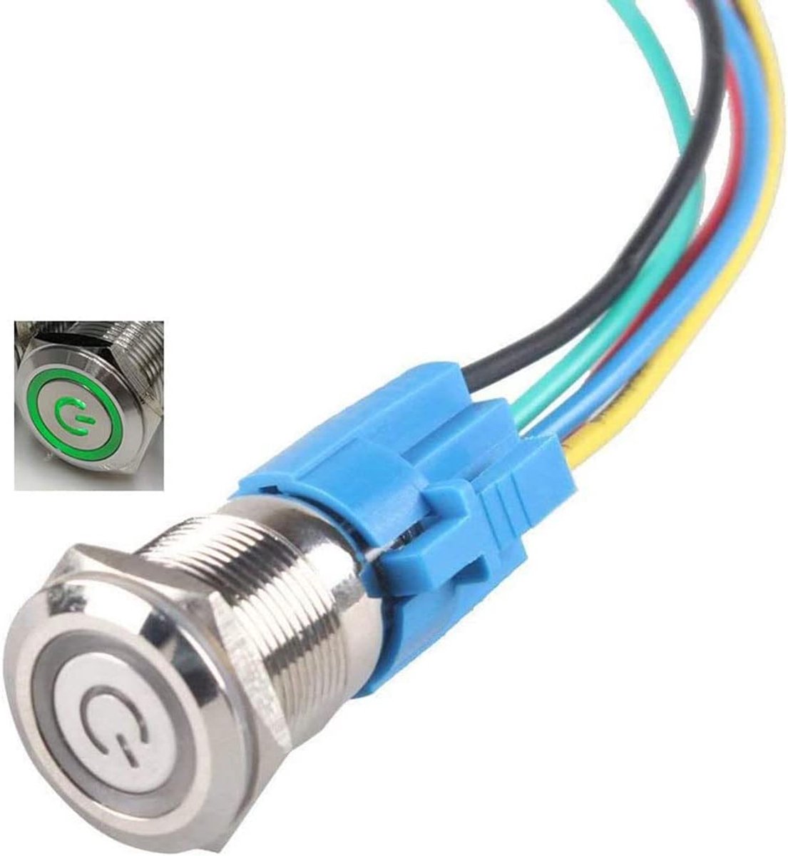 Drukknopschakelaar, 16 mm, 12 V-24 V, 5 A, 1NO1NC, vaste zelfvergrendelende power-knopschakelaar, roestvrij staal, metaal, engeloog, LED-lichtsleutel met socket plug draad